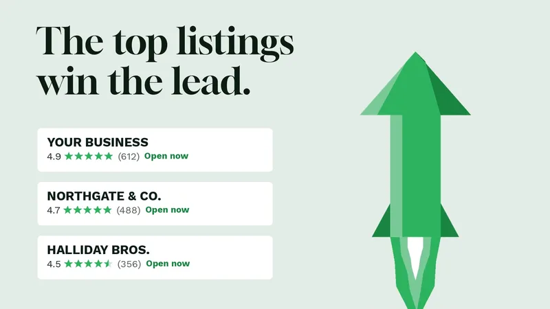 Animated illustration: a search for 'open now near me' lists local businesses, Your Business moves to the top listing, and the message reads The top listings win the lead. It ends on the Mithril logo and the line Leads over guesswork.