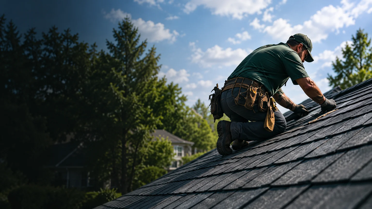 A roofer repairing shingles on a residential roof