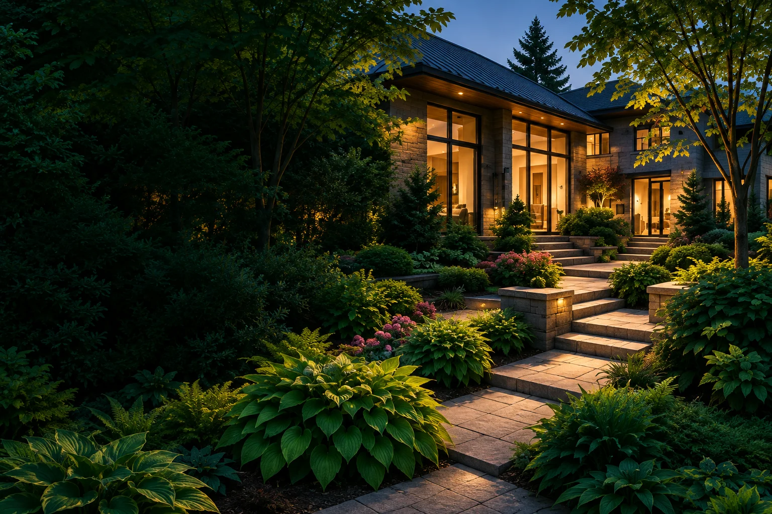 A landscaped garden and stone path outside a warmly lit modern home