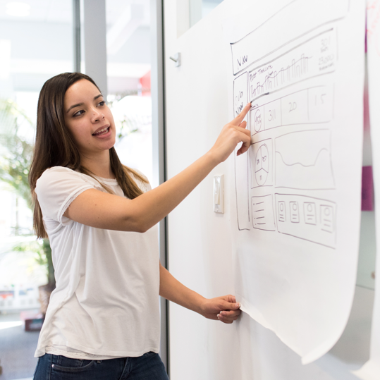 Associate pointing at a brain-storming chart.